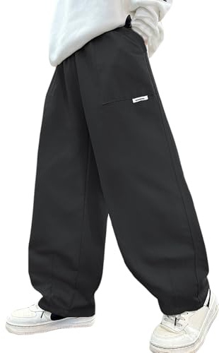 Panegy Ragazzi Pantaloni Elastici a Vita Alta Cargo Joggers Sciolti Casual a Gamba Larga Streetwear Cotone Track Sweatpants Pantaloni Nero 13-14 Anni