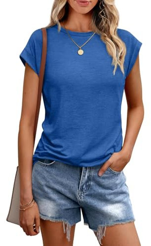 Chicrise Shirts for Women UK Crew Neck Casual Plain Tank Tops Cap Sleeves Basic Solid Color T-Shirt Blue X Large 20-22