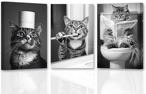 CXHOSTENT Cat Bathroom Wall Art 3 Pieces Funny Cat Canvas Bathroom Animal Pictures Black and White Animal Prints Restroom Toilet Decor Framed (30x40cmx3)