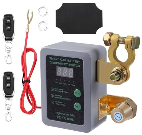 Kill Switch for Car With Remote, 12V 240A Remote Battery Disconnect Switch with LED Voltage Display, Car Battery Isolator Anti Theft Switch with 2 Wireless Remote Controls for RV Truck Camper Boat