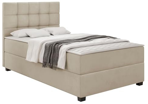 Mirjan24 Boxspringbett Lomoxo mit Bettkasten, schwarzem Fuß, Continentalbett, Polsterbett, Bonell-Matratze, Topper, Amerikanisches Bett (Manila 02, 120 x 200 cm)