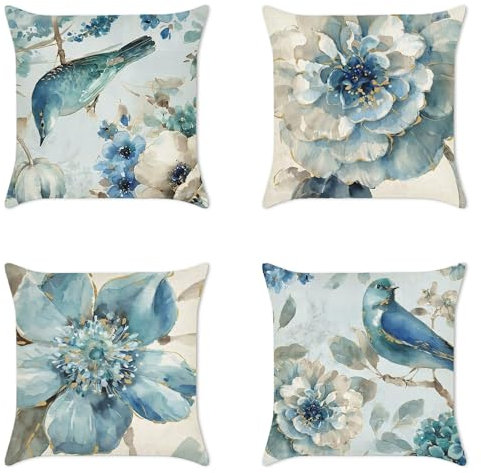 MEILIHEN Leinen Kissenbezug Sofakissen 45x45 Blumen Vögel Türkis Muster Kissenhülle 4er Set kissenbezüge Dekokissen Bezug für Couch Zierkissen Outdoor Kissen