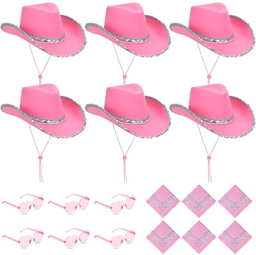 MALLOOM 18 Pièces Chapeau de Cowgirl avec Lunettes en Forme de Cœur et Bandana Paisley – Ensemble pour Femmes et Adolescentes (Rose)