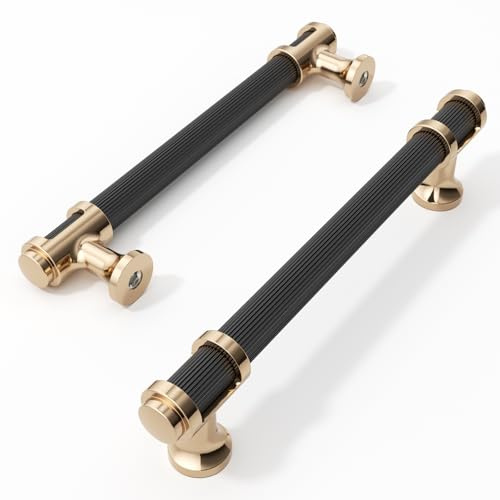 Furniware 10 Pack Matt Black and Champagne Bronze Cupboard Handles, 128mm (5 Inch) Hole Center, Color-blocked Cabinet Pulls with Lines Design, Modern Pull Handles for Kitchen, Drawer Dresser, Wardrobe