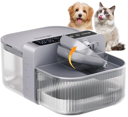 Invengo Fontaine a Eau Chat sans Filtre et sans Fil sur Batterie 3000mAh 180 Jours, Séparation de l'eau Propre et de l'eau Usée, Bol en Acier Inoxydable, Distributeur d'eau 3.5L, Gris