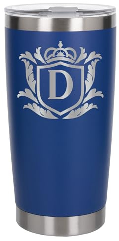 Customised Gifts 500ml Engraved Shield Initial Monogram Insulated Personalised Dark Blue Travel Mug for Men and Women - Personalised Initial Coffee Travel Mug for Hot and Cold Beverages, Letter D