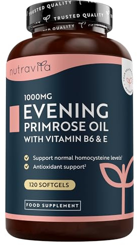 Nutravita Aceite de Onagra en Cápsulas Blandas 1000 mg – Aceite de onagra con Ácido Gamma Linolénico (GLA) y Omega 6, Vitaminas E y B6 – 120 Cápsulas Blandas