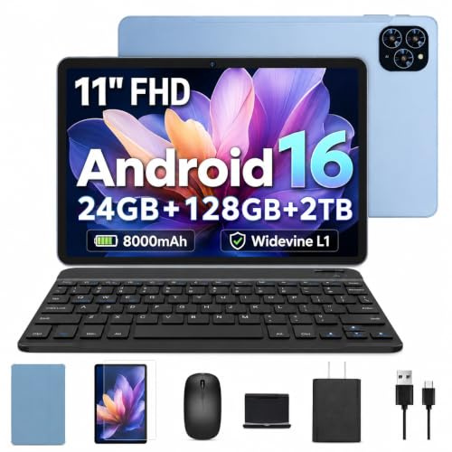 Tablet, 11 Inch Android 16 Tablets with Keyboard Gemini AI 3.5, 24GB+128GB | 1920*1200 FHD Display 24GB RAM 128GB ROM up to 2TB TF, T615 CPU 13MP Camera, 8000mAh, Widevine L1, Stylus Case Included, Blue
