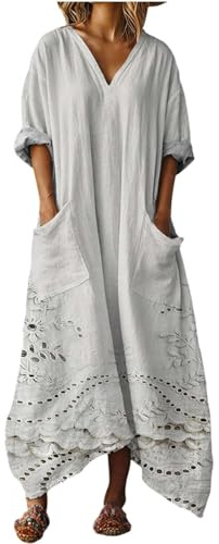 Mfhmom Vestito Donna Estivo Lungo in Cotone e Lino Abito Boho Chic con Grandi Tasche Scollo a V Manica Corta Ampio Traspirante Casual Vestiti Lunghi Estivi Donna Leggero Mare