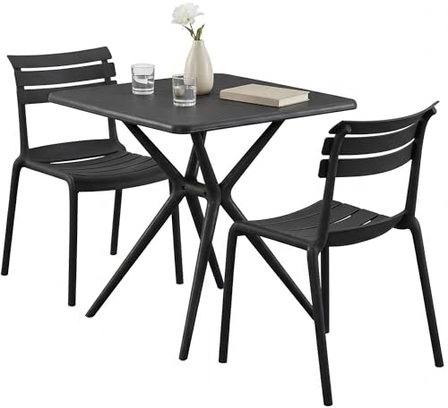 CLP Gartenmöbel-Set wetterfest Vela, mit 2 Stapelstühlen und quadratischem Esstisch 72x72cm, Sitzgruppe für Balkon, Terrasse und Garten, Farbe:schwarz