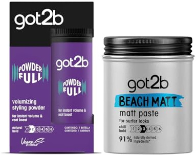 got2b Pack Volumen y Estilo: Polvo Texturizante Powderful 10g Cera Fijadora Beach Matt 100ml, Volumen en la Raíz con Efecto Mate, Fijación Media y Acabado Natural sin Residuos
