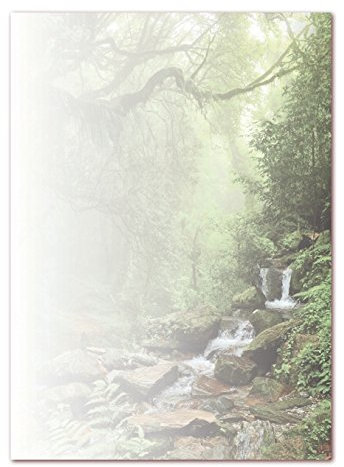 LYSCO® Motivpapier Briefpapier (Bach-5176, DIN A4, 100 Blatt) - Waldbach über Steine, grüne Bäume Natur