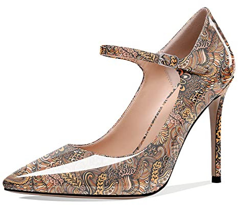 Soireelady Women's Mary Jane Strap Pumps |10cm Pointed Toe Stiletto | Court Shoes for Weeding Party Dress Flower-Brown EU38