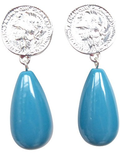 Leichte sehr große Ohrstecker Ohrringe silber-farben Münze Anhänger petrol-grün Tropfen elegant Geschenk Statement Fashion Mode Designer JUSTWIN