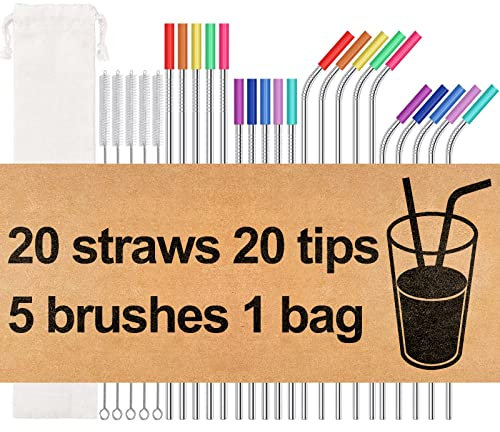Stainless Steel Straws,Set of 16 10.5 8.5 Metal Straws,Eco Friendly Reusable Drinking Straws for 16 20 24 30 oz Yeti Rtic Tumbler,Extra Long Metal Straws with 24 Silicone Tips,4 Cleaning Brushes