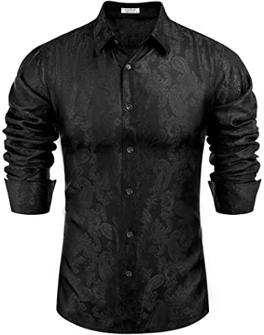 COOFANDY Men's Silk Satin Dress Shirts Jacquard Long Sleeve Floral Button Up Shirts Party Prom Wedding Shirt, Black, S