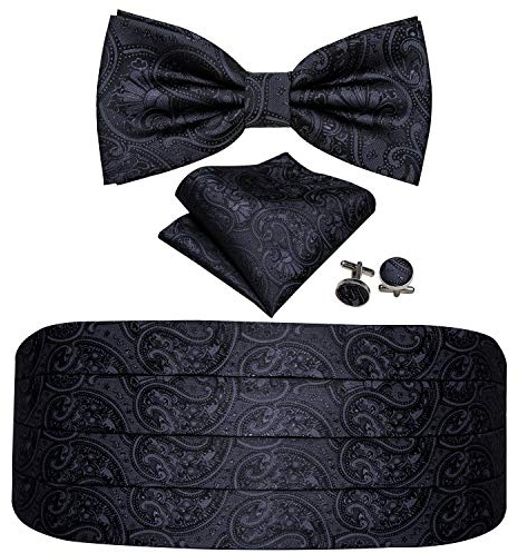 YOHOWA Cummerbund Bow Tie for Men Black Paisley Silk Pre-Tied Bowtie Pocket Square Cufflinks Set Formal Wedding Party Prom Banquet