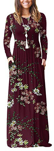 PCEAIIH Women Long Sleeve Loose Plain Maxi Dresses Casual Long Dresses with Pockets (X-Large, Long Sleeve Flower Wine Red)
