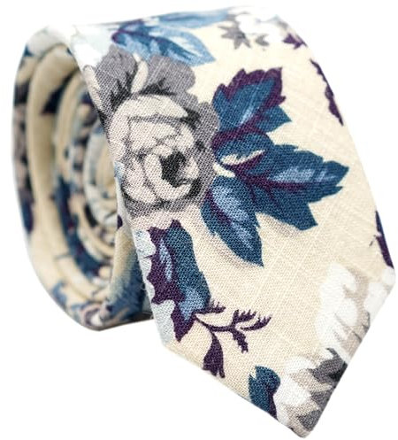BELLUNO, Baumwoll-Krawatte mit Blumenmuster für Herren, Schmale Krawatte mit Blumenmuster für Hochzeit, Party, Veranstaltungen, Baumwoll-Slim-Tie + Geschenkbox, Beige/Blau, Dünn