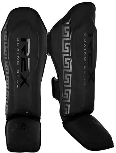 Rex Boxing Gear Shin Guards for Kickboxing, Muay Thai & MMA Training High-Density Foam Padding, Rexene Leather for Instep Protection, Sparring Shin & Leg Guards