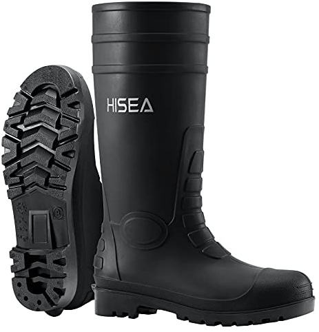 HISEA Men's Steel Toe Rain Boots PVC Rubber Boots, Waterproof Garden Fishing Outdoor Work Boots, Durable Slip Resistant Knee Boots for Agriculture and Industrial Working, Black Size 10