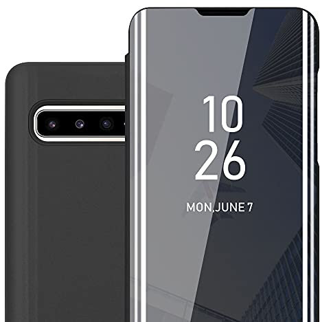 cadorabo Case compatible with Samsung Galaxy S10 5G in TOURMALINE BLACK - Clear View Mirror Protective Cover - Ultra Slim Cover Etui Pouch with Stand function 360 Degree Protection Book Folding Style