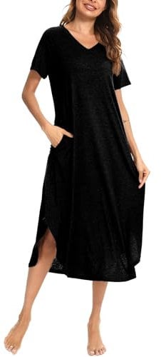 Nieery Night Shirts Womens, Cotton Nightdress Short Sleeve V neck Long Nightgowns Sleep T Shirt Summer Dress (Black, X-Large)