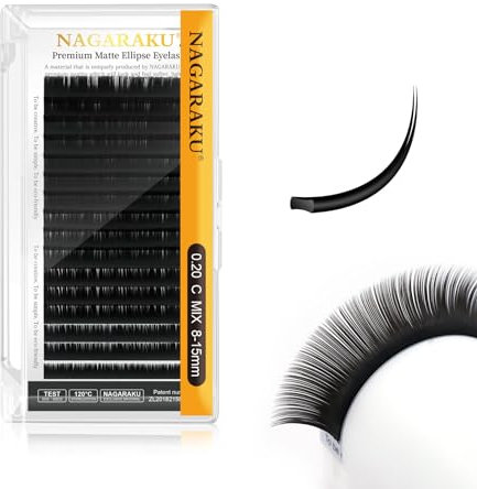 NAGARAKU Pestañas Elípticas Planas con Punta Doble Rizada Estables Pelo a Pelo Pestañas Postizas Profesionales Naturales Lash Individuales Divididas Punta Volumen Negro Mate 16 Filas (0.20 C 8-15mm)