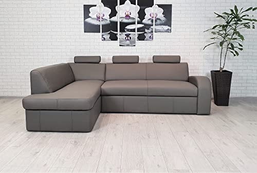 Quattro Meble Long Life Echtleder Ecksofa Antalya II 3z 245 x 164cm graues Leder Sofa Couch mit Schlaffunktion, Bettkasten und Kopfstützen Eck Couch Echt Leder Toledo Smog (Ecke Links 164 x 245 cm)