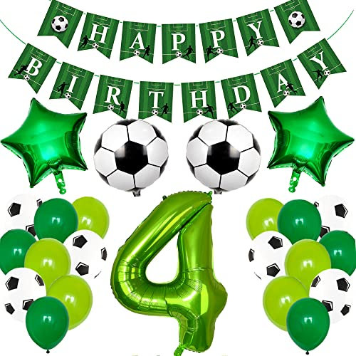 Ouceanwin Fußball 4. Geburtstag Deko Junge, Grün Luftballons Geburtstagsdeko 4 Jahre Jungen, Helium Ballon Fussball Deko mit Happy Birthday Girlande für 4 Jahr Kindergeburtstag Party Deko