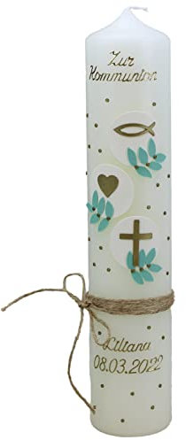 Christ-Kerzen Kommunionkerze Liliana mit Kreuz, Taube, Kelch und Fische/Wellen 1356, Größe:ca. 40x5 cm
