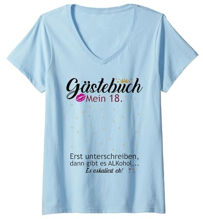 Damen Gästebuch zum 18. Geburtstag Junge Mädchen Lustiges Design T-Shirt mit V-Ausschnitt