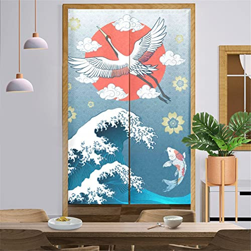 Surwin Japanischer Stil Türvorhang, Japan Noren Raumteiler Tapisseri Leinen Lang Vorhänge Partition Gardinen Tür Vorhang Tapisseri für die Türdekoration (90x200cm,Kranmuster)