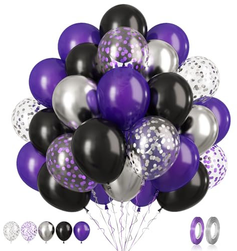 Palloncini Viola Neri, 60 Pezzi Palloncini Compleanno Viola Argento, Palloncino Lattice Viola Nero Palloncini Coriandoli Viola Argento per Decorazioni Festa Nuziale Compleanno
