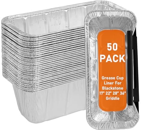 Whaleme 50-Pack Grease Cup Liners Compatible with Blackstone 5017 Griddle, Aluminum Foil Drip Pan Griddle Accessories Grease Catcher Cup Liner for 17, 22, 28, 36 Inch, Disposable Grill Grease Trays