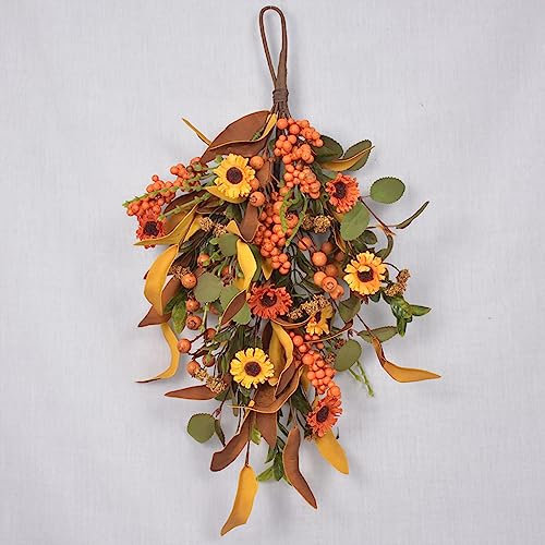 Herbst-Ernte-Tropfen-Swag, 19,7 Zoll, Künstliche Hängende Herbst-Blumen-Swag, Gefälschte Girlande, Tür, Erntedankfest, Tropfen-Kranz für Zuhause, Wand, Drinnen und Draußen(A)