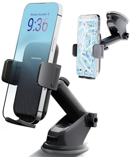 PORTENTUM Soporte Movil Coche, Soporte Universal para Parabrisas y Salpicadero con Ventosa de Gel Fuerte y Brazo Ajustable con Giro 360 Grado para Cualquier teléfono