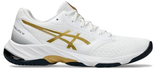 Asics Netburner Ballistic FlyteFoam 3 Volleyballschuhe für Damen, Weiß / Reines Gold., 28.5 cm