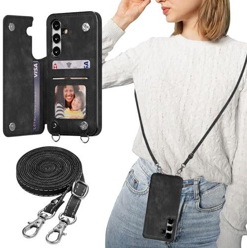 ZTOFERA Handyhülle mit Band Kette für Samsung Galaxy S24, Matt Weiche Rückseite Hülle mit Kartenfach Kordel Schnur Umhängeband, Premium PU Leder + TPU Schutzhülle Lanyard Case, Schwarz