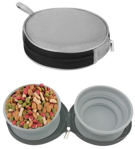 Ciotola Pieghevole Doppia per Cani Con Custodia da Viaggio - Portatile per Alimenti e Acqua, Silicone Alimentare, Senza BPA, per Cani di Piccola e Grande Taglia