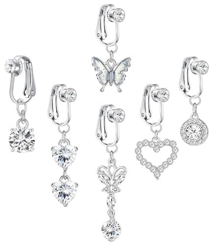 6 Stück Fake Bauchnabelpiercing Clip,Fake Bauchnabelpiercing Fake Bauchnabel Piercing,mit Baumelndem Herz,Schmetterling, Mond Teufel Böser Blick Gefälschter Bauchnabelring,für Frauen