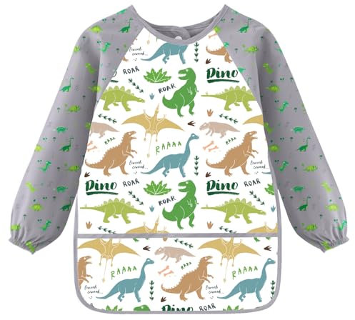 MorLuks Tablier Peinture Enfant 3-8 Ans, Blouse Dinosaures Gris, 3 Poches, Pour Bricolage et École 1ère Classe, Garçons, Longueur 58cm