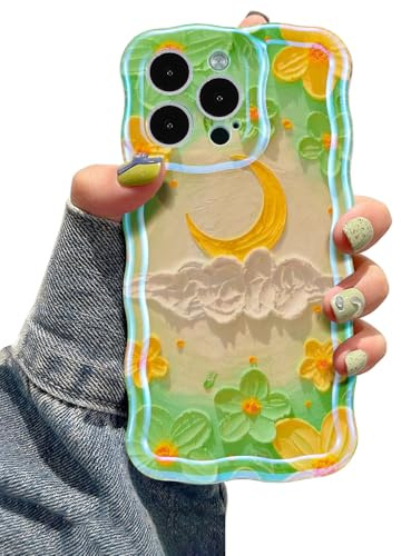 EYZUTAK Case for iPhone 13 Pro Max, Colorful Retro Oil Painting Flower Moon Pattern Laser Cute Curly Wave Edge Exquisite Phone Cover Stylish Durable TPU Protective Case for Girls Women - Moon/Green