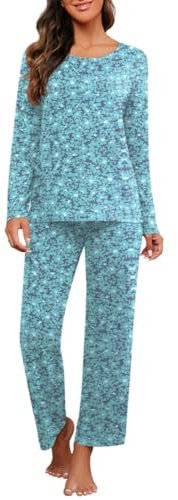 PrinStory Schlafanzug Damen Rundhals-Ausschnitt Pyjama Set Langarm Soft Nachtwäsche Lounge Wear Sets Für Frauen Mit Taschen (Blaue Blumen Schwarz, L)