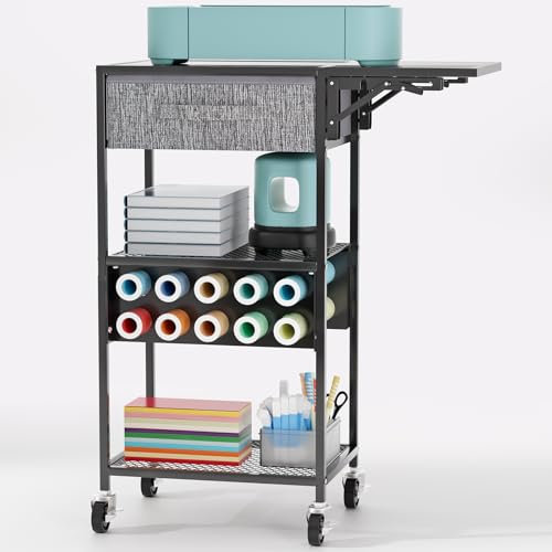 Jolensoy Craft Organizer Cart - Rolling Storage with Drawer & Vinyl Roll Holder, Black Iron Frame, 3 Shelves, Compatible with Cricut & Silhouette Machines