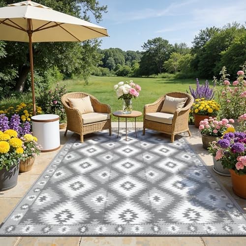 SHACOS Tapis d'extérieur pour terrasse - Imperméable - Réversible - En paille de plastique - Résistant aux UV - Léger - Pliable - Pour terrasse, camping, balcon, camping-car, arrière-cour - Gris