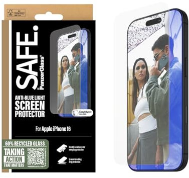 SAFE BY PANZERGLASS® Anti-Blaulicht Displayschutz für iPhone 16-60% recyceltes Glas, Fingerabdruck-freie Beschichtung - mit Montierhilfe für einfache Installation, gehärteter Glasschutz