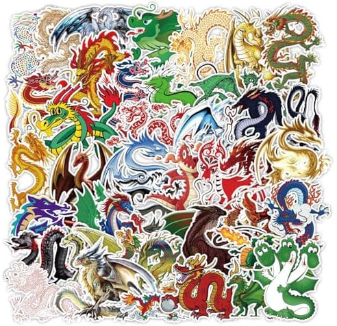 Dragon Stickers for Water Bottle|Dragon Vinyl Waterproof Sticker for Water Bottle Laptop Skateboard Phone Car Decals Gifts for Kids Teens Adults for Party Favors Supplies Decor 50 PCS