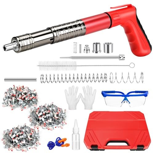 Pistolet à Clous Manuel,100 Clous Ronds+100 Clou pour Tube,5 Vitesses Pistolet Pneumatique pour Acier et Béton,Silencieux Réglable,Pistolet à Ongles Portable avec Gants à Lunettes Bouchons d'oreille