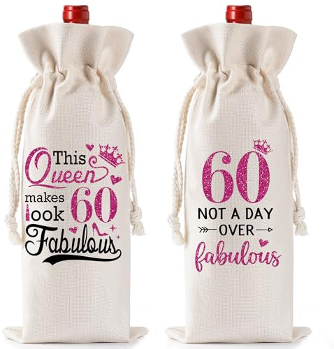 60th Birthday Gift for Women - Birthday Party Decorations Drawstring Burlap Wine Gift Bag, Not A Day Over Fabulous Bottle Gift Bag for Best Friend Colleagues Sister Auntie Mum Wife